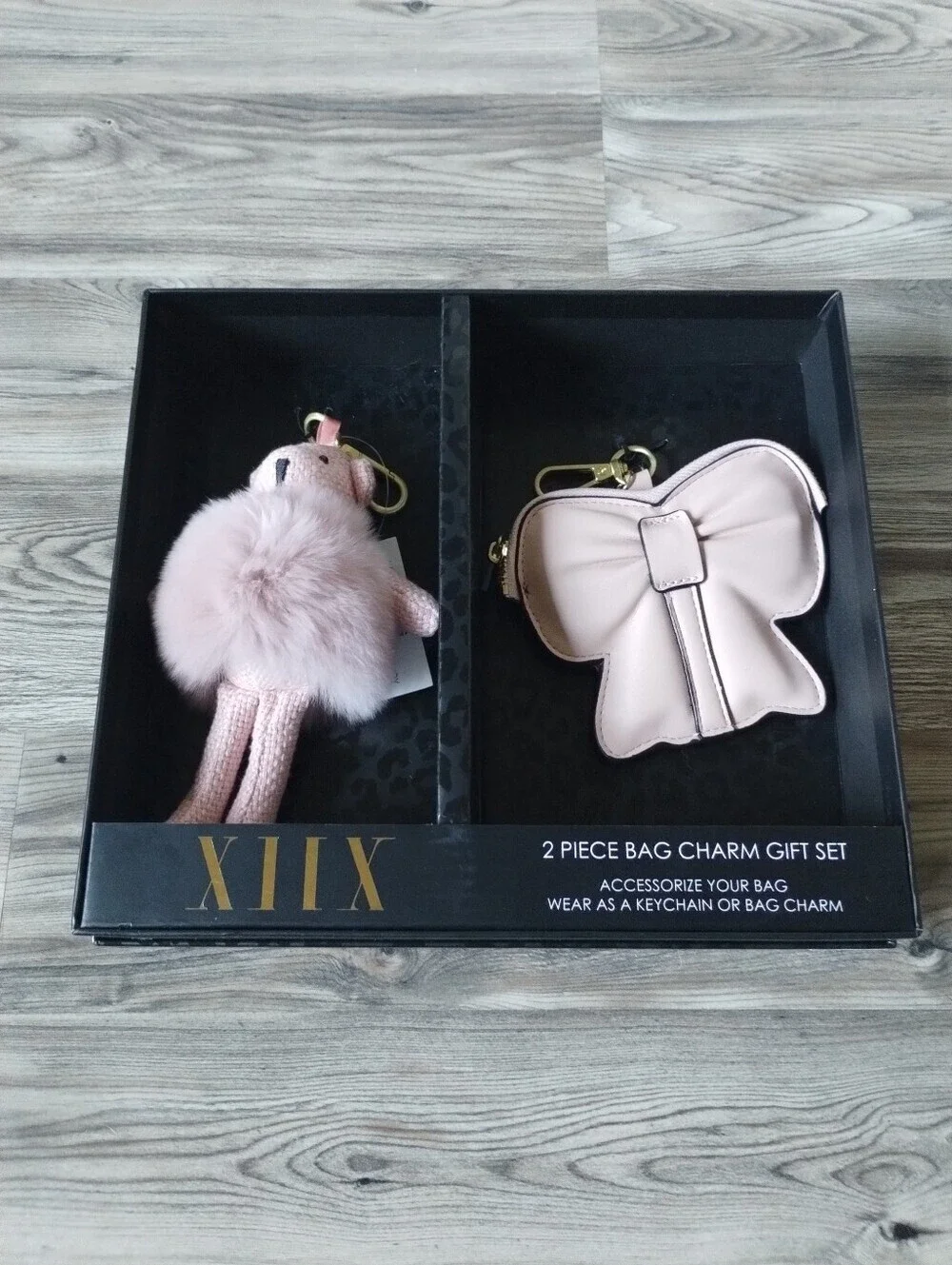 XIIX Two Piece Bag Charm Set Pink Bear And Bow Pouch